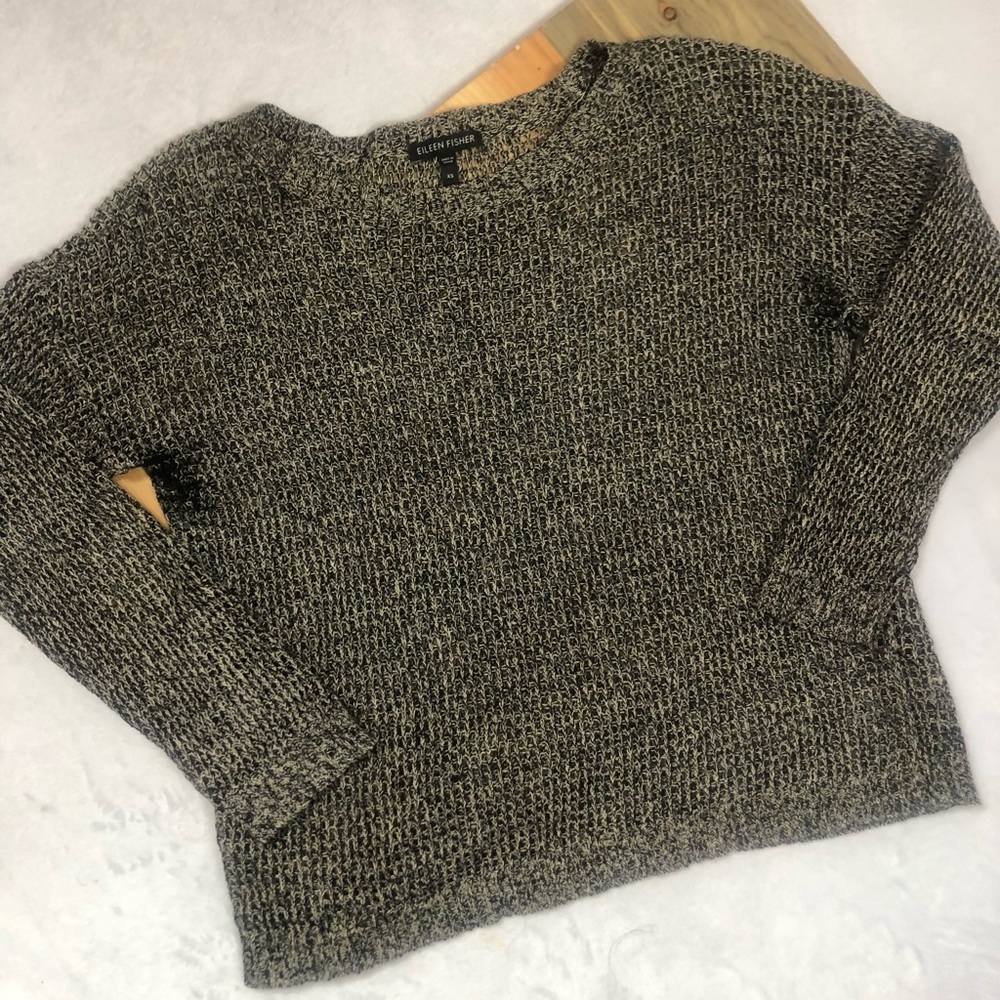 Eileen Fisher XS Cream Black Knit Crew Neck Wool